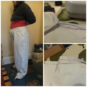 top right shows the new seamline at the top of the inside leg (with the old seamline marked).  Bottom right shows the centre back adjustment on trousers and waistband. Left the slightly improved fit